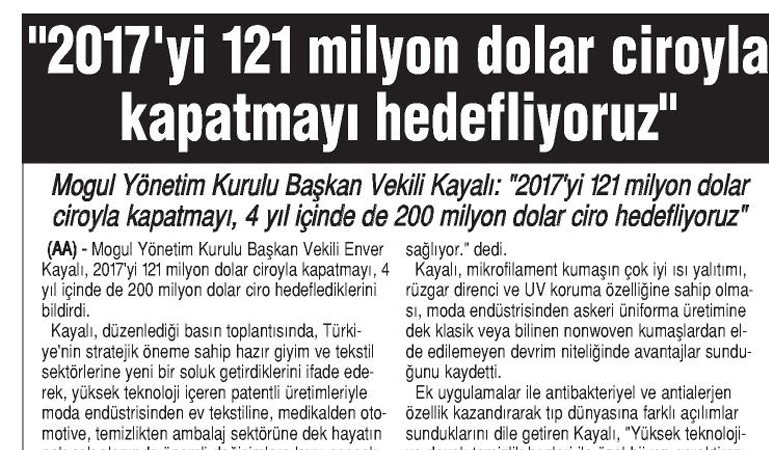 2017'yi 121 milyon dolar ciroyla kapatmay\ hedefliyoruz